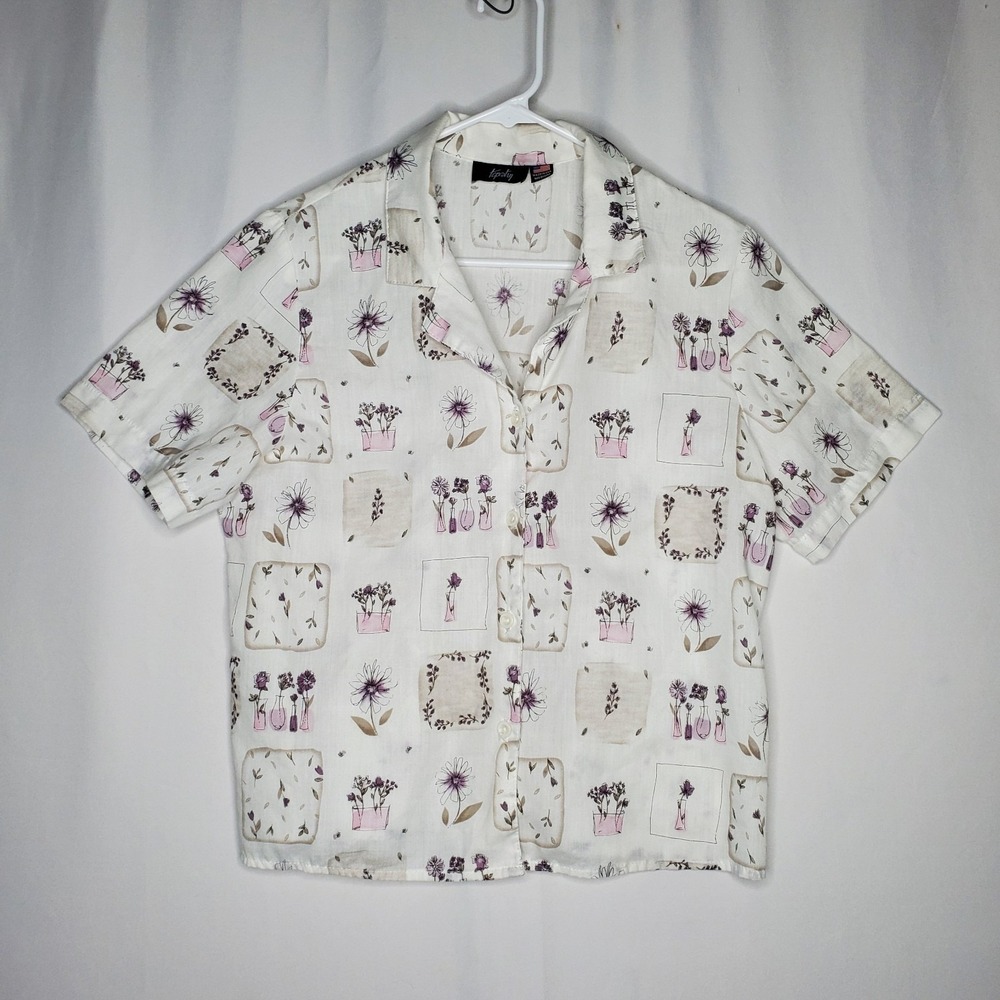 Tapestry Button Top Women Medium 90s Purple Floral Boxy‎ Grunge Grandmacore